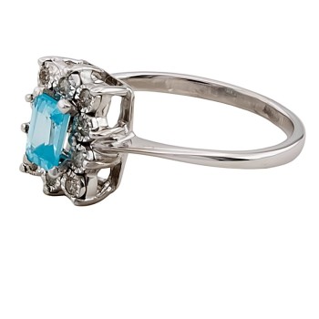 9ct White Gold Blue Topaz / Diamond Cluster Ring size S